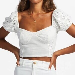Billabong Festival Cropped Eyelet Puff Sleeves Sweetheart Neckline Summer White